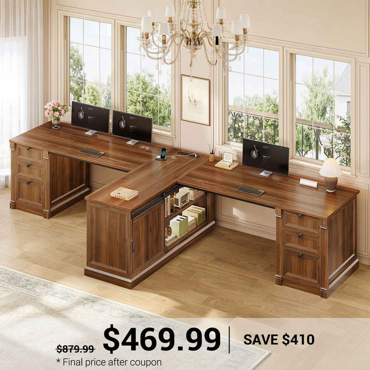 SEDETA 110.2 Inch Two Person Desk with 6 Drawers Farmhouse 2 Person Desk with Storage Shelves & Power Strip for Home Office T Shaped Office Desk with 2 Sliding Barn Doors