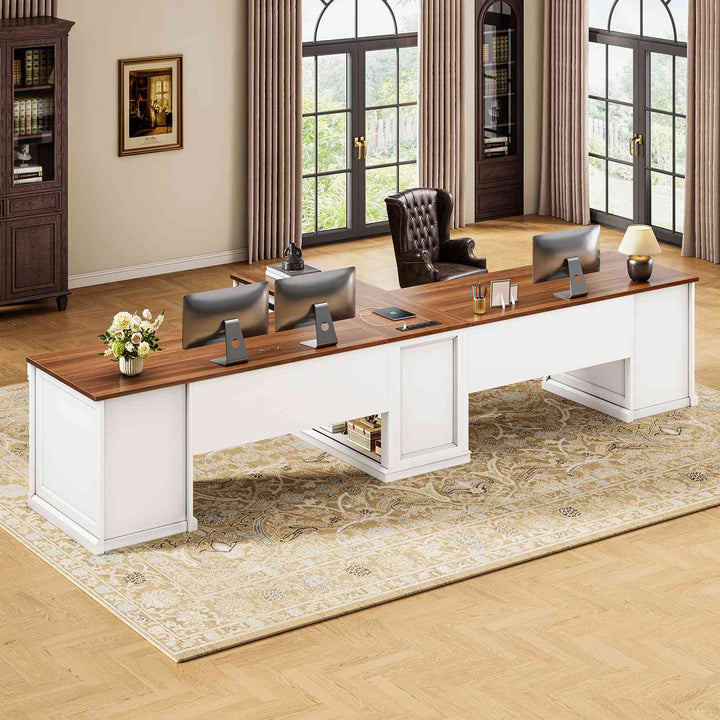 SEDETA | 110.2 Inch T Shaped Office Desk with 6 Drawers Storage Shelves Farmhouse Two Person Desk with Power Strip 2 Person Desk with 2 Sliding Barn Doors for Home Office