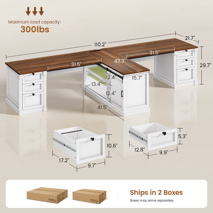 SEDETA | 110.2 Inch T Shaped Office Desk with 6 Drawers Storage Shelves Farmhouse Two Person Desk with Power Strip 2 Person Desk with 2 Sliding Barn Doors for Home Office
