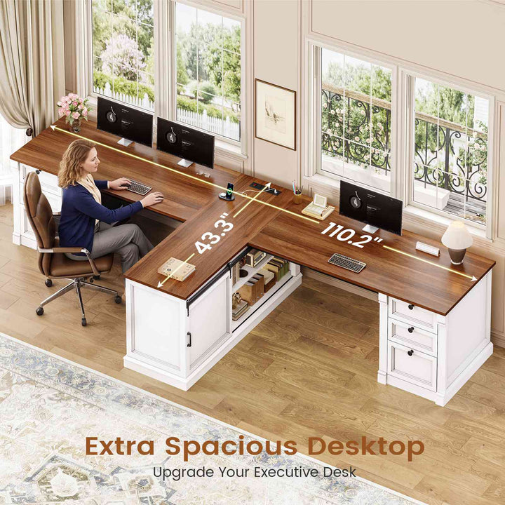 SEDETA | 110.2 Inch T Shaped Office Desk with 6 Drawers Storage Shelves Farmhouse Two Person Desk with Power Strip 2 Person Desk with 2 Sliding Barn Doors for Home Office