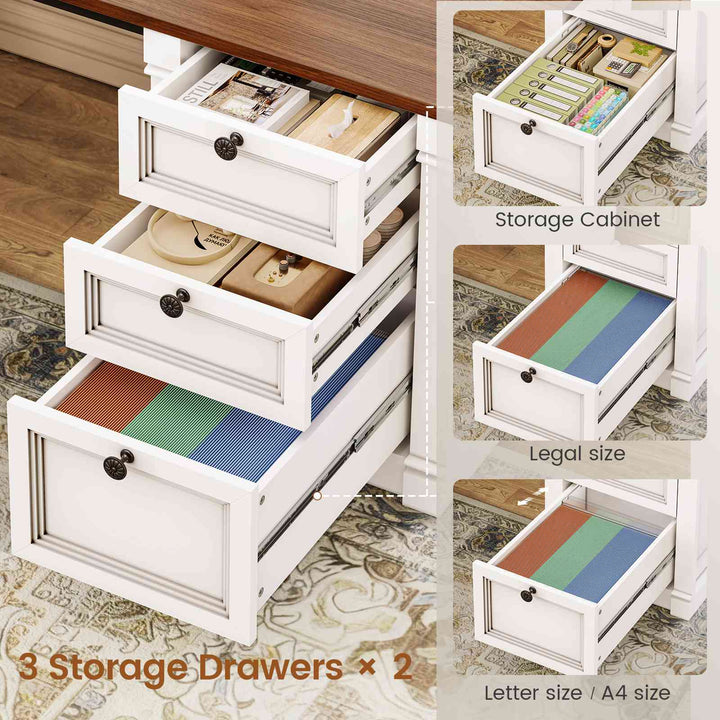 SEDETA | 110.2 Inch T Shaped Office Desk with 6 Drawers Storage Shelves Farmhouse Two Person Desk with Power Strip 2 Person Desk with 2 Sliding Barn Doors for Home Office