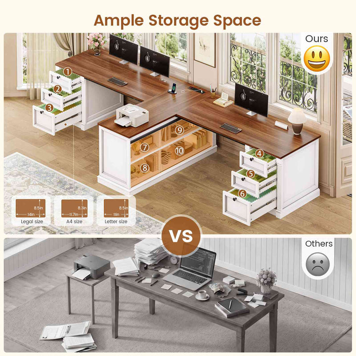 SEDETA | 110.2 Inch T Shaped Office Desk with 6 Drawers Storage Shelves Farmhouse Two Person Desk with Power Strip 2 Person Desk with 2 Sliding Barn Doors for Home Office