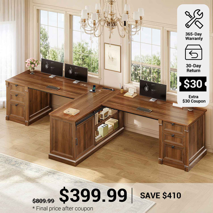 SEDETA® 110.2 Inch 2 Person Desk with Storage Shelves 6 Drawers Farmhouse Two Person Desk with Power Strip for Home Office T Shaped Office Desk with 2 Sliding Barn Doors