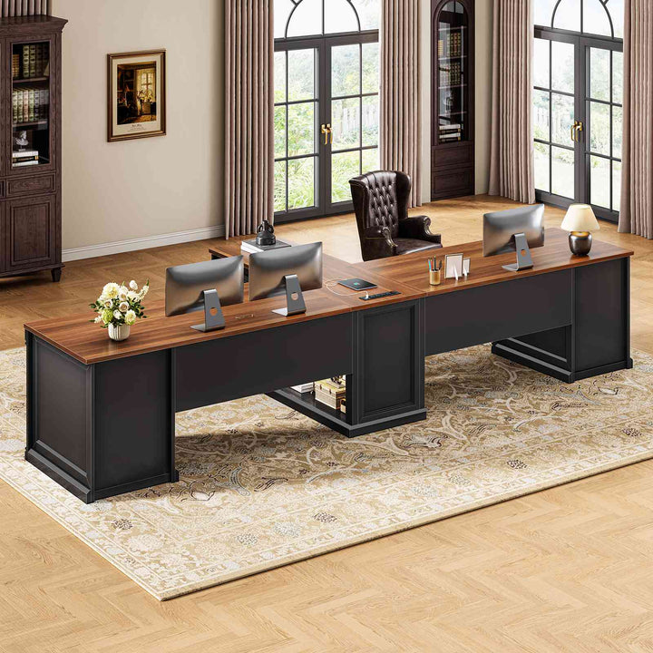 SEDETA | 110.2 Inch T Shaped Office Desk with 6 Drawers Storage Shelves Farmhouse Two Person Desk with Power Strip 2 Person Desk with 2 Sliding Barn Doors for Home Office