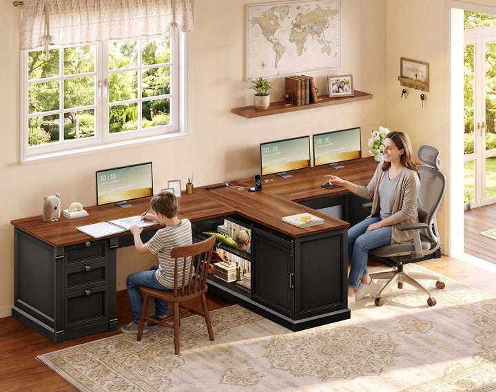 SEDETA | 110.2 Inch T Shaped Office Desk with 6 Drawers Storage Shelves Farmhouse Two Person Desk with Power Strip 2 Person Desk with 2 Sliding Barn Doors for Home Office