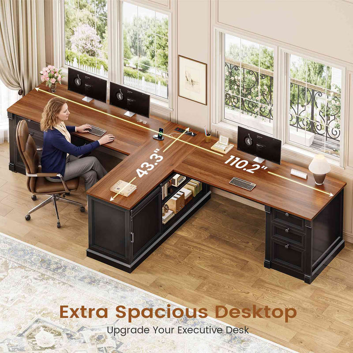 SEDETA | 110.2 Inch T Shaped Office Desk with 6 Drawers Storage Shelves Farmhouse Two Person Desk with Power Strip 2 Person Desk with 2 Sliding Barn Doors for Home Office