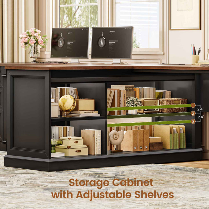 SEDETA | 110.2 Inch T Shaped Office Desk with 6 Drawers Storage Shelves Farmhouse Two Person Desk with Power Strip 2 Person Desk with 2 Sliding Barn Doors for Home Office