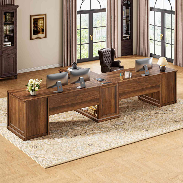 SEDETA | 110.2 Inch T Shaped Office Desk with 6 Drawers Storage Shelves Farmhouse Two Person Desk with Power Strip 2 Person Desk with 2 Sliding Barn Doors for Home Office