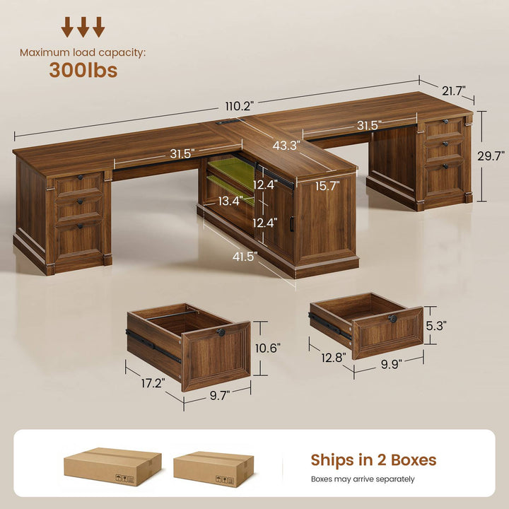 SEDETA | 110.2 Inch T Shaped Office Desk with 6 Drawers Storage Shelves Farmhouse Two Person Desk with Power Strip 2 Person Desk with 2 Sliding Barn Doors for Home Office
