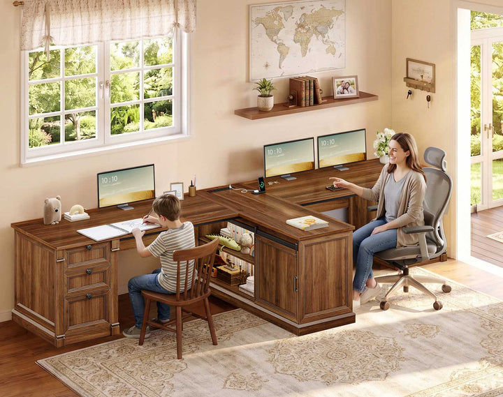 SEDETA | 110.2 Inch T Shaped Office Desk with 6 Drawers Storage Shelves Farmhouse Two Person Desk with Power Strip 2 Person Desk with 2 Sliding Barn Doors for Home Office
