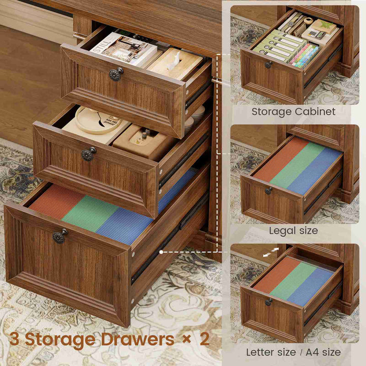 SEDETA | 110.2 Inch T Shaped Office Desk with 6 Drawers Storage Shelves Farmhouse Two Person Desk with Power Strip 2 Person Desk with 2 Sliding Barn Doors for Home Office