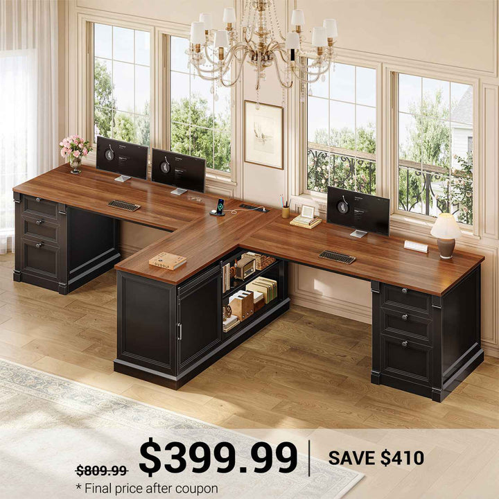 SEDETA | 110.2 Inch T Shaped Office Desk with 6 Drawers Storage Shelves Farmhouse Two Person Desk with Power Strip 2 Person Desk with 2 Sliding Barn Doors for Home Office