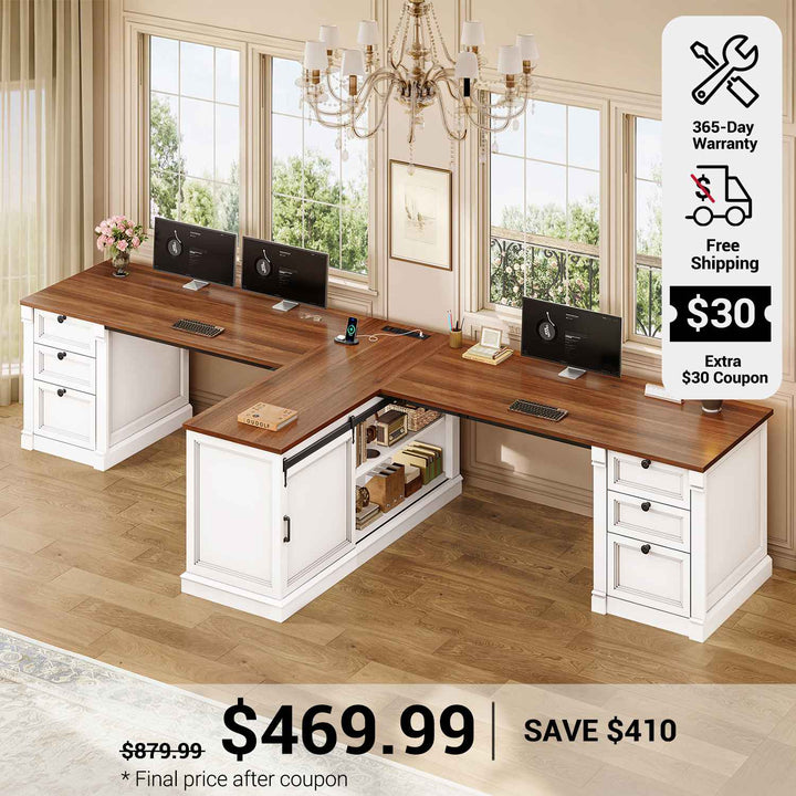 SEDETA 110.2 Inch Two Person Desk with 6 Drawers Farmhouse 2 Person Desk with Storage Shelves & Power Strip for Home Office T Shaped Office Desk with 2 Sliding Barn Doors
