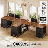 SEDETA 110.2 Inch Two Person Desk with 6 Drawers Farmhouse 2 Person Desk with Storage Shelves & Power Strip for Home Office T Shaped Office Desk with 2 Sliding Barn Doors