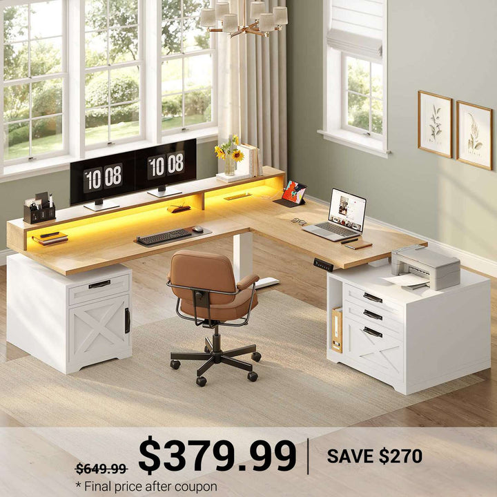 SEDETA 70.1 Inch Farmhouse L Shaped Standing Desk Electric Height Adjustable Executive Desk with Drawers Power Outlet Printer Stand Monitor Stand Led Lights