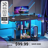 SEDETA 31.5 Inch Small Standing Gaming Desk Rolling Computer PC Desk Height Adjustable with Power Outlet Pegboard Storage Shelves RGB LED Light