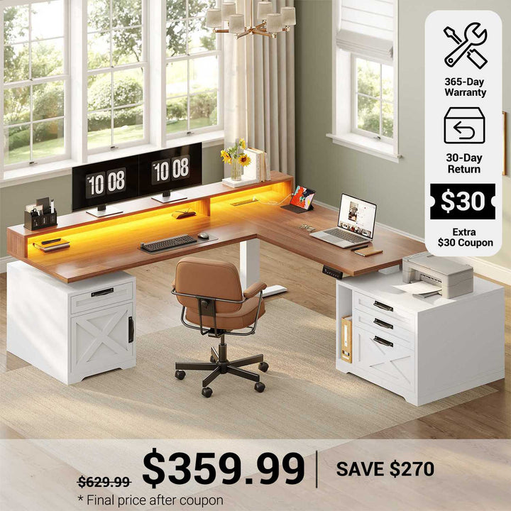 SEDETA® 70.1 Inch Farmhouse L Shaped Standing Desk Electric Height Adjustable Ergonomic Computer Desk with Drawers Power Outlet Printer Stand Monitor Stand