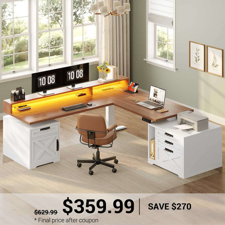 SEDETA® 70.1 Inch Farmhouse L Shaped Standing Desk Electric Height Adjustable Ergonomic Computer Desk with Drawers Power Outlet Printer Stand Monitor Stand