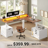 SEDETA | 70.1 Inch Farmhouse L Shaped Standing Desk Electric Height Adjustable, Ergonomic Computer Desk with Drawers, Outlets, Printer Stand