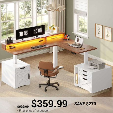 SEDETA | 70.1 Inch Farmhouse L Shaped Standing Desk Electric Height Adjustable, Ergonomic Computer Desk with Drawers, Outlets, Printer Stand