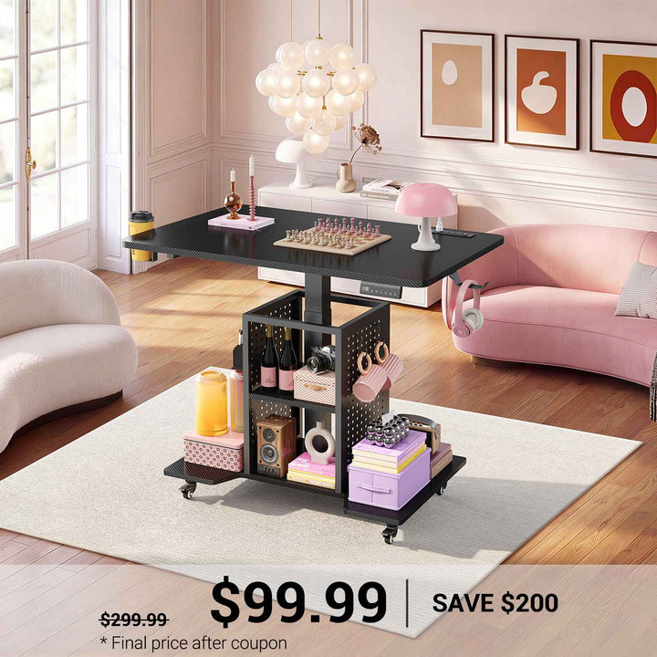 SEDETA 31.5 Inch Small Standing Gaming Desk Rolling Computer PC Desk Height Adjustable with Power Outlet Pegboard Storage Shelves RGB LED Light