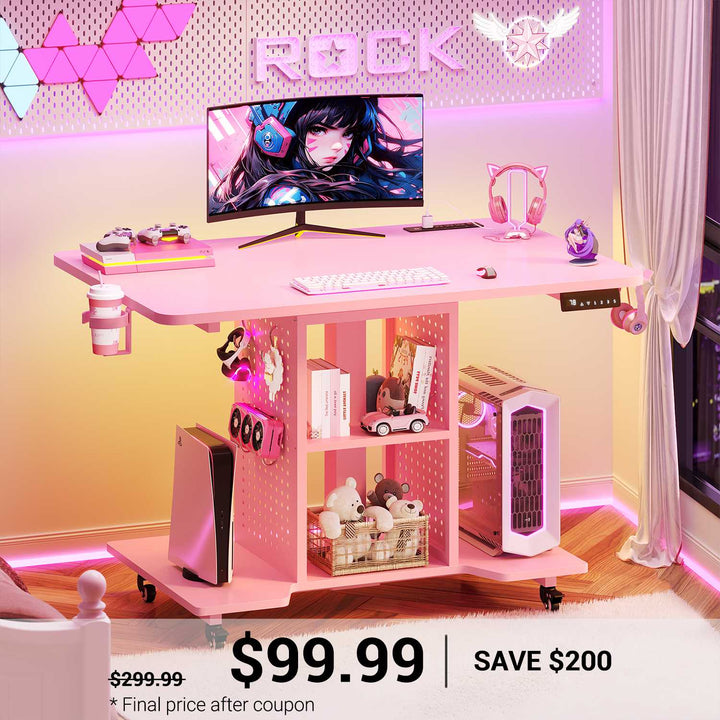 SEDETA 31.5 Inch Small Standing Gaming Desk Rolling Computer PC Desk Height Adjustable with Power Outlet Pegboard Storage Shelves RGB LED Light