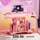 SEDETA 31.5 Inch Small Standing Gaming Desk Rolling Computer PC Desk Height Adjustable with Power Outlet Pegboard Storage Shelves RGB LED Light