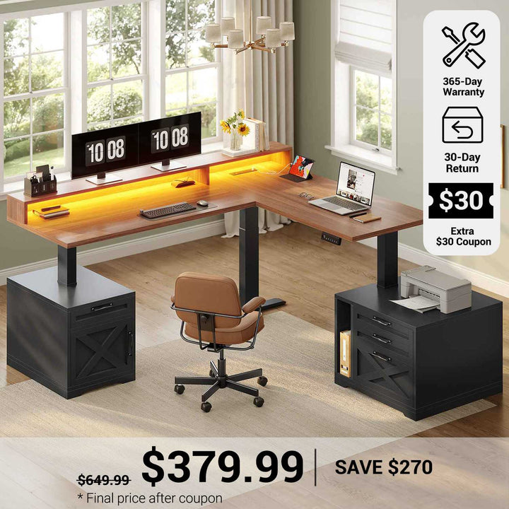 SEDETA 70.1 Inch Farmhouse L Shaped Standing Desk Electric Height Adjustable Executive Desk with Drawers Power Outlet Printer Stand Monitor Stand Led Lights