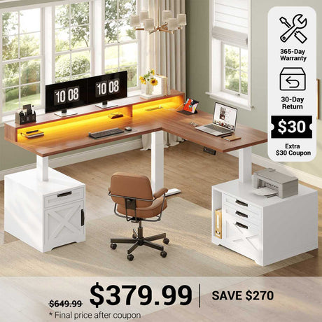 SEDETA 70.1 Inch Farmhouse L Shaped Standing Desk Electric Height Adjustable Executive Desk with Drawers Power Outlet Printer Stand Monitor Stand Led Lights