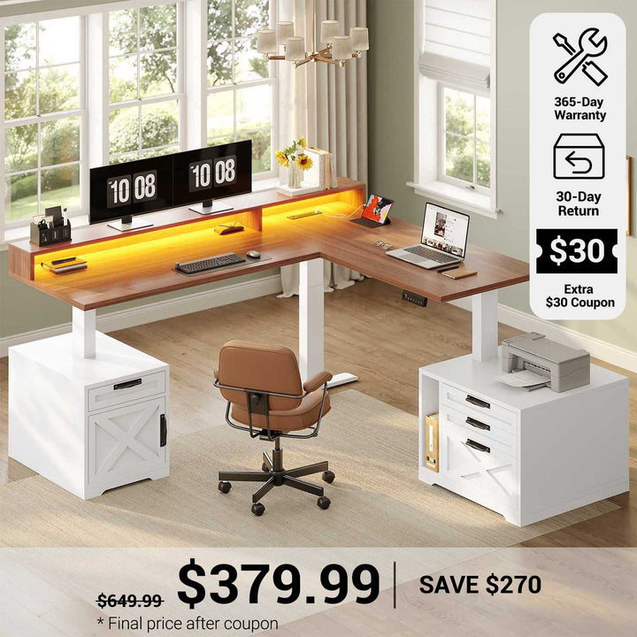 SEDETA 70.1 Inch Farmhouse L Shaped Standing Desk Electric Height Adjustable Executive Desk with Drawers Power Outlet Printer Stand Monitor Stand Led Lights