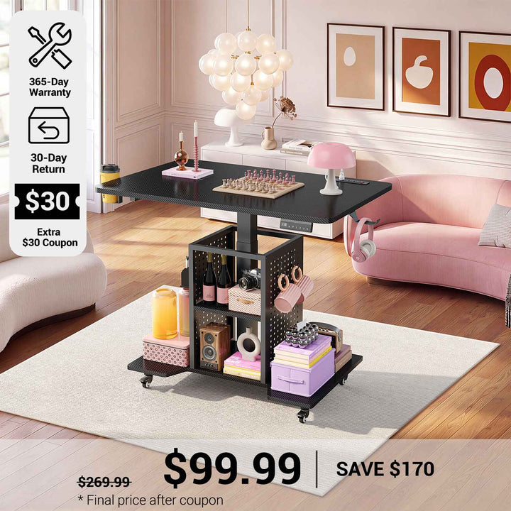 SEDETA® 31.5 Inch Small Standing Gaming Desk Height Adjustable Rolling Computer PC Desk with RGB LED Light Power Outlet Storage Shelves Pegboard