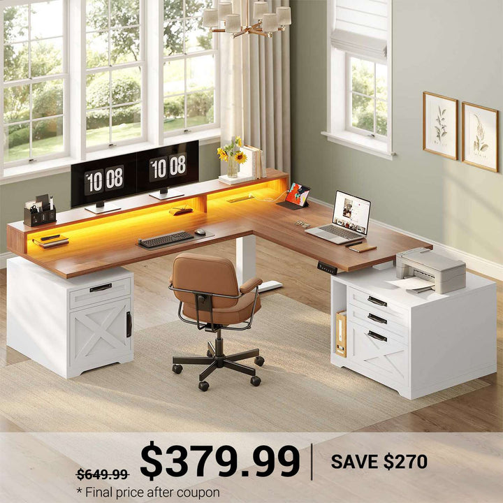 SEDETA 70.1 Inch Farmhouse L Shaped Standing Desk Electric Height Adjustable Executive Desk with Drawers Power Outlet Printer Stand Monitor Stand Led Lights