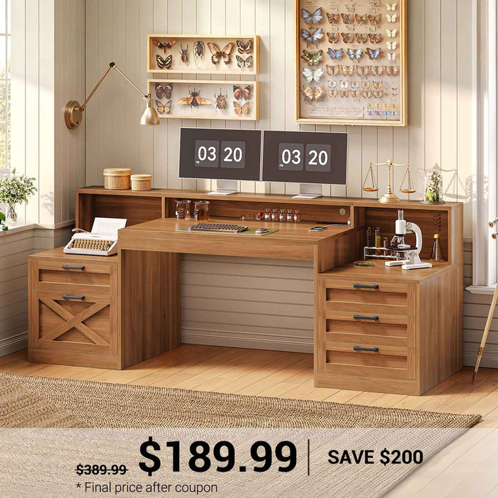 SEDETA | 63 Inch Home Office Desk with 5 Drawers 2 Printer Stand Farmhouse Computer Desk with LED Lights Monitor Stand Executive Desk with Power Outlet