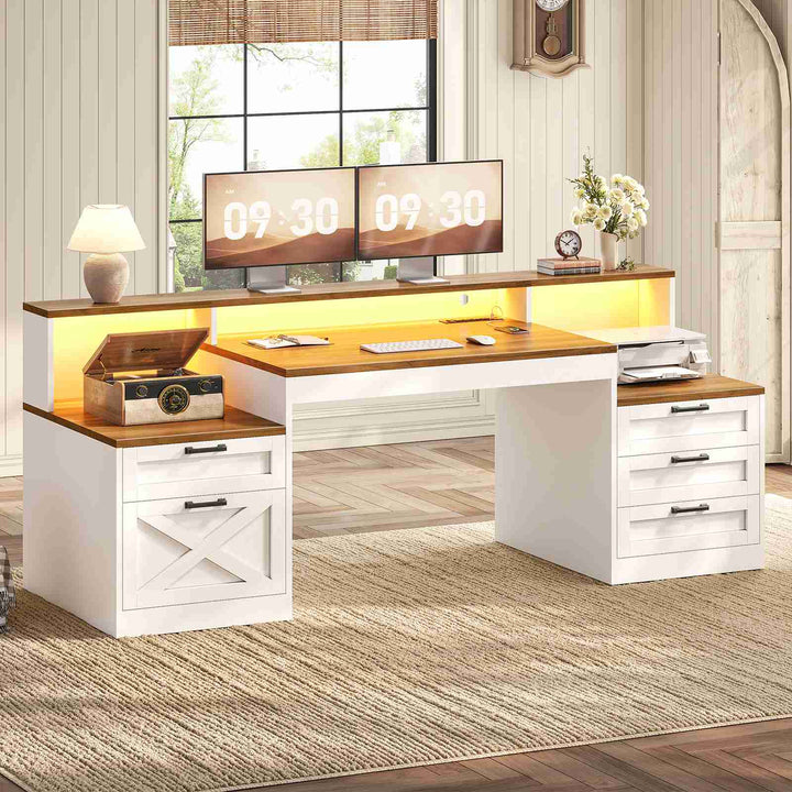 SEDETA 63 Inch Farmhouse Office Desk with 5 Drawers Executive Computer Desk with LED Lights Monitor Stand Wood Home Office Desk with 2 Printer Stand Power Outlet