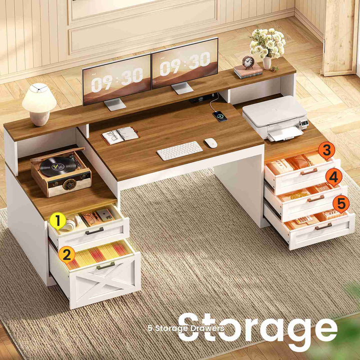 SEDETA 63 Inch Farmhouse Office Desk with 5 Drawers Executive Computer Desk with LED Lights Monitor Stand Wood Home Office Desk with 2 Printer Stand Power Outlet
