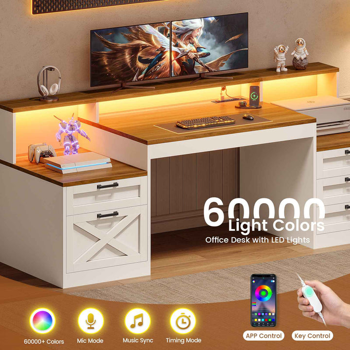 SEDETA 63 Inch Farmhouse Office Desk with 5 Drawers Executive Computer Desk with LED Lights Monitor Stand Wood Home Office Desk with 2 Printer Stand Power Outlet