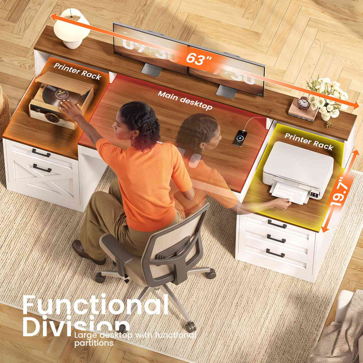 SEDETA 63 Inch Farmhouse Office Desk with 5 Drawers Executive Computer Desk with LED Lights Monitor Stand Wood Home Office Desk with 2 Printer Stand Power Outlet