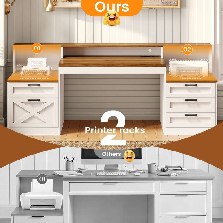 SEDETA 63 Inch Farmhouse Office Desk with 5 Drawers Executive Computer Desk with LED Lights Monitor Stand Wood Home Office Desk with 2 Printer Stand Power Outlet