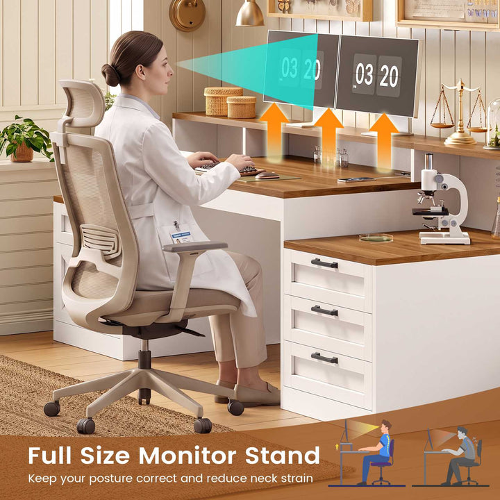 SEDETA 63 Inch Farmhouse Office Desk with 5 Drawers Executive Computer Desk with LED Lights Monitor Stand Wood Home Office Desk with 2 Printer Stand Power Outlet