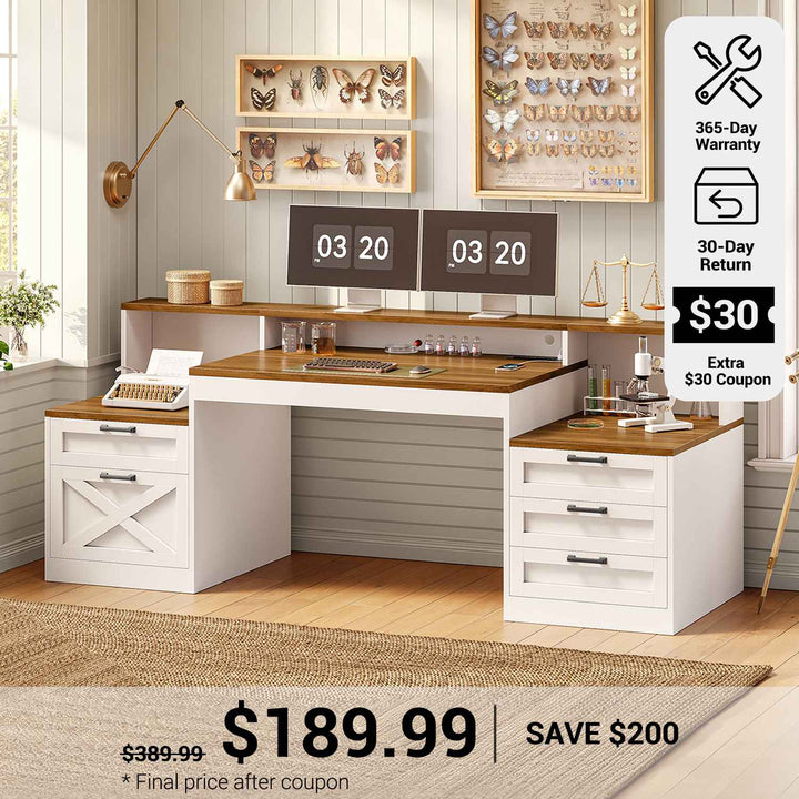 SEDETA® 63 Inch Computer Desk with 5 Drawers Power Outlet Farmhouse Office Desk with LED Lights Monitor Stand Executive Desk with 2 Printer Stand