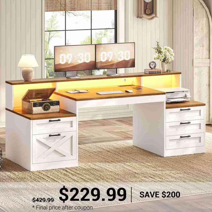 SEDETA 63 Inch Farmhouse Office Desk with 5 Drawers Executive Computer Desk with LED Lights Monitor Stand Wood Home Office Desk with 2 Printer Stand Power Outlet