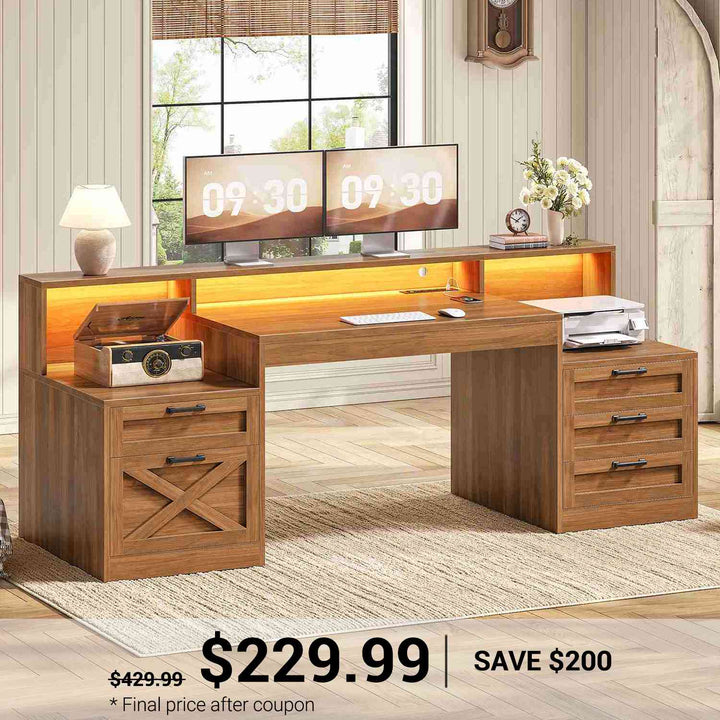 SEDETA 63 Inch Farmhouse Office Desk with 5 Drawers Executive Computer Desk with LED Lights Monitor Stand Wood Home Office Desk with 2 Printer Stand Power Outlet