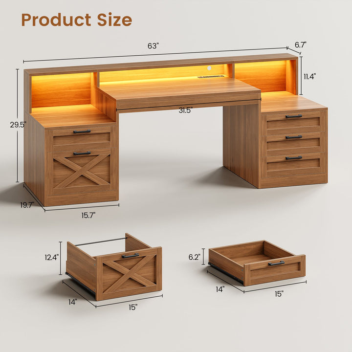 SEDETA 63 Inch Farmhouse Office Desk with 5 Drawers Executive Computer Desk with LED Lights Monitor Stand Wood Home Office Desk with 2 Printer Stand Power Outlet