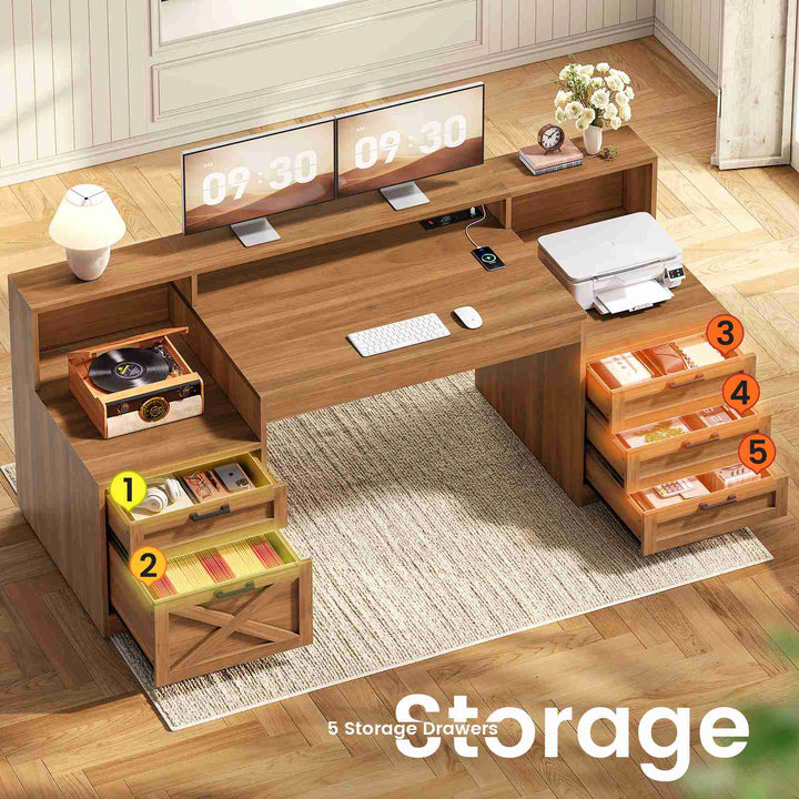 SEDETA 63 Inch Farmhouse Office Desk with 5 Drawers Executive Computer Desk with LED Lights Monitor Stand Wood Home Office Desk with 2 Printer Stand Power Outlet