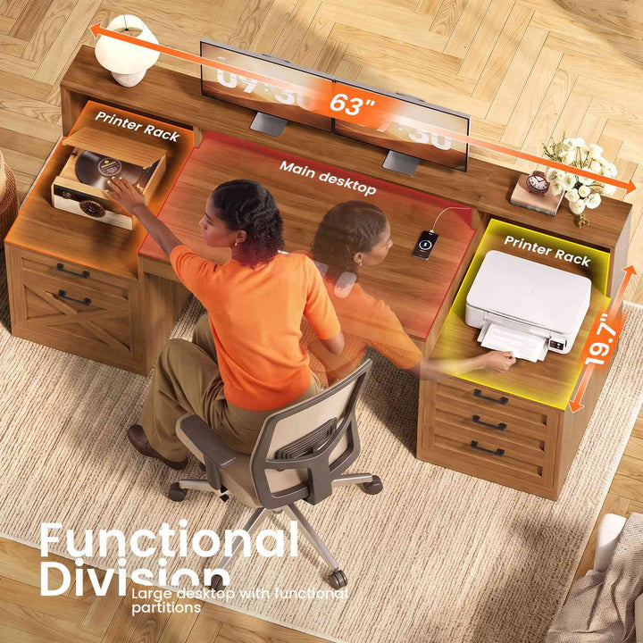 SEDETA 63 Inch Farmhouse Office Desk with 5 Drawers Executive Computer Desk with LED Lights Monitor Stand Wood Home Office Desk with 2 Printer Stand Power Outlet