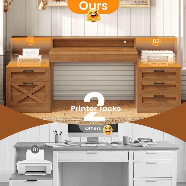 SEDETA 63 Inch Farmhouse Office Desk with 5 Drawers Executive Computer Desk with LED Lights Monitor Stand Wood Home Office Desk with 2 Printer Stand Power Outlet