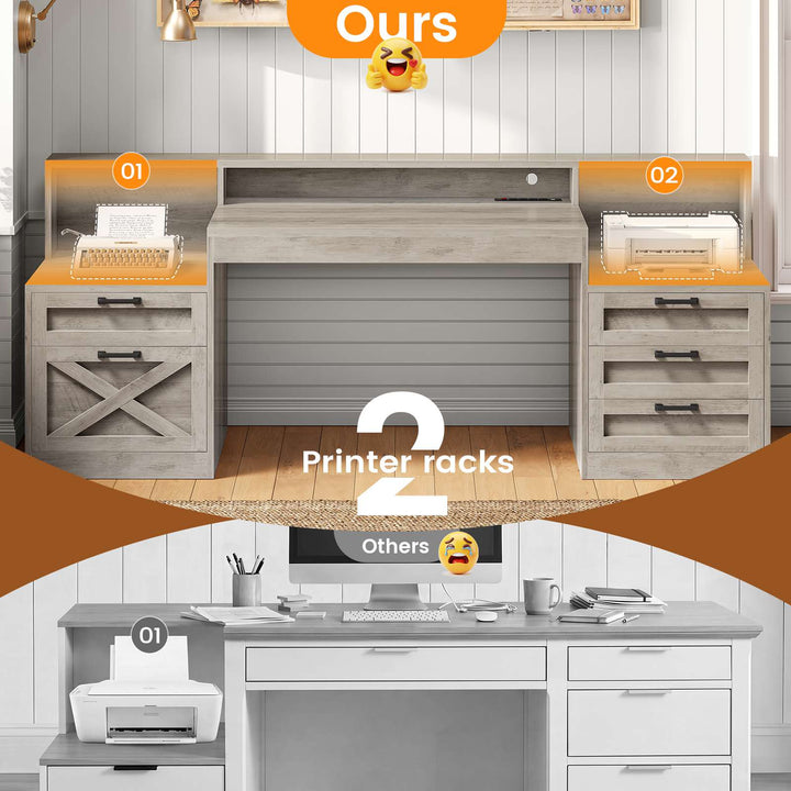 SEDETA 63 Inch Farmhouse Office Desk with 5 Drawers Executive Computer Desk with LED Lights Monitor Stand Wood Home Office Desk with 2 Printer Stand Power Outlet