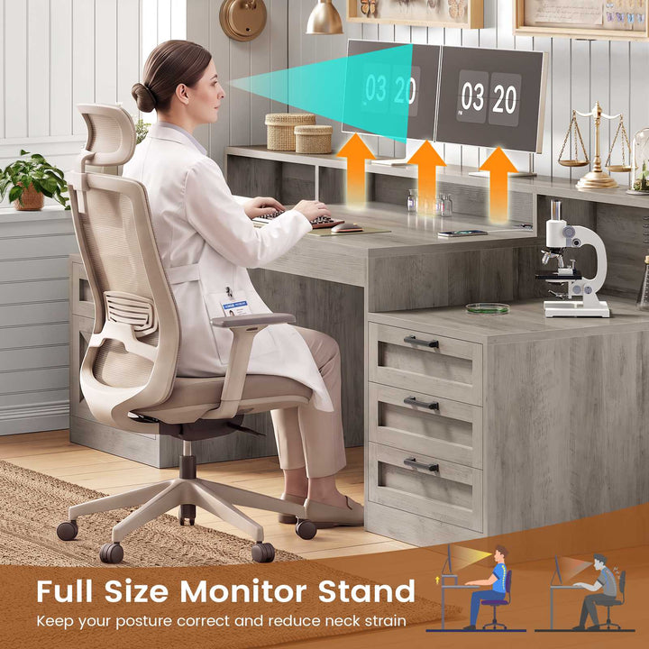 SEDETA 63 Inch Farmhouse Office Desk with 5 Drawers Executive Computer Desk with LED Lights Monitor Stand Wood Home Office Desk with 2 Printer Stand Power Outlet