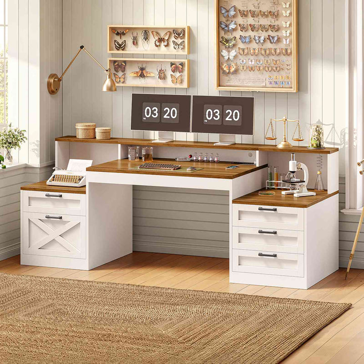 SEDETA 63 Inch Farmhouse Office Desk with 5 Drawers Executive Computer Desk with LED Lights Monitor Stand Wood Home Office Desk with 2 Printer Stand Power Outlet