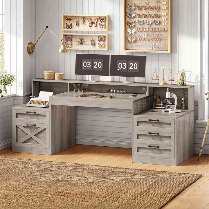SEDETA 63 Inch Farmhouse Office Desk with 5 Drawers Executive Computer Desk with LED Lights Monitor Stand Wood Home Office Desk with 2 Printer Stand Power Outlet